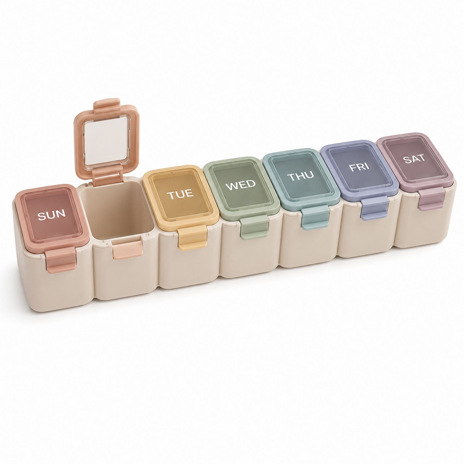 Wöchentlicher Medikamenten-Organizer mit 7 Fächern in Beige und Pastelltönen