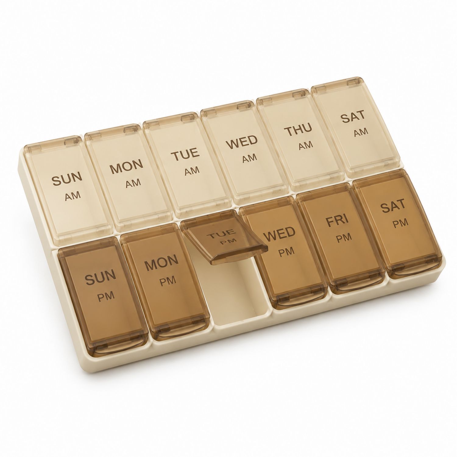 Wöchentliche Medikamentenbox für Morgen und Abend, Beige/Braun