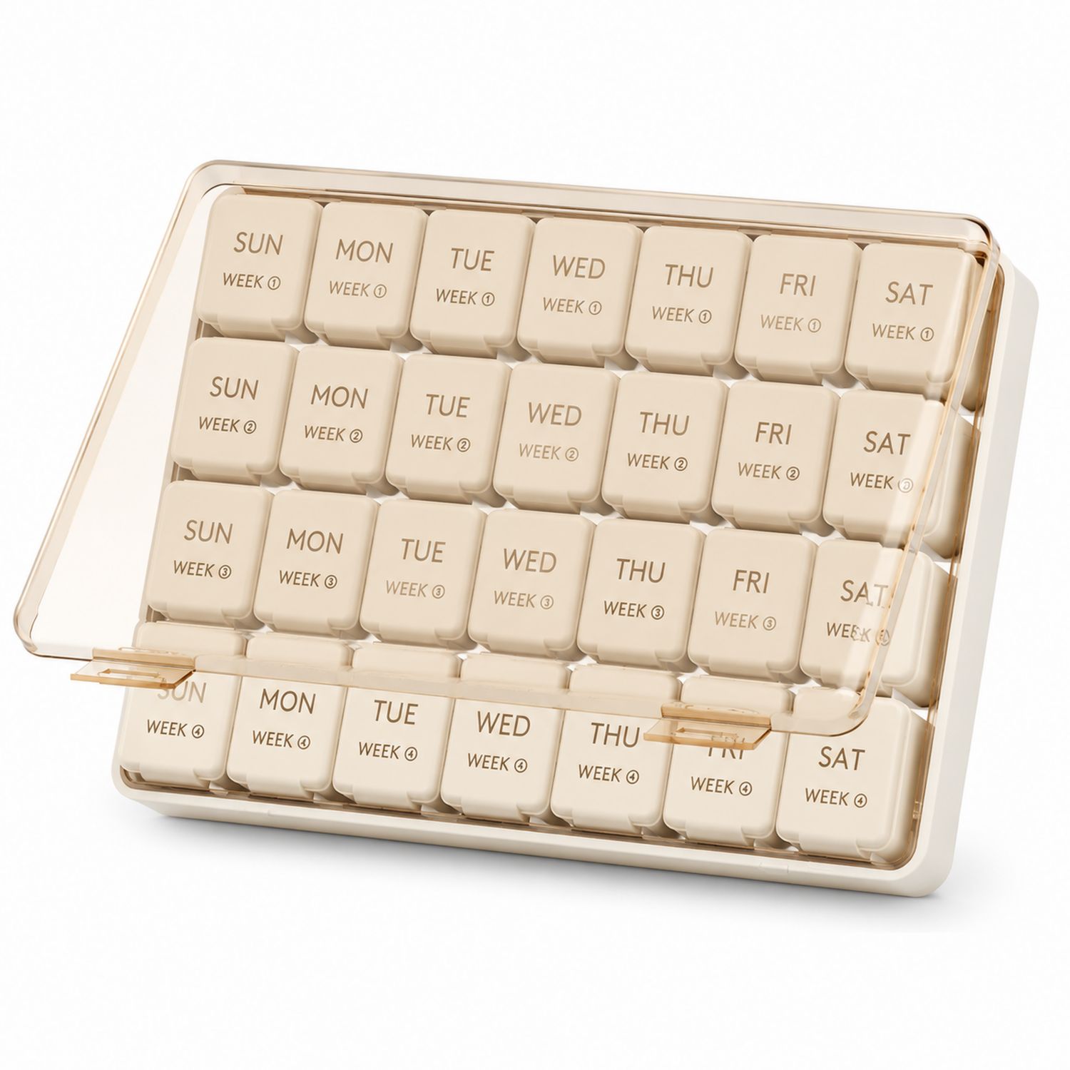 Wöchentlicher 28-Fächer-Pillenorganizer mit Klappdeckel Creme