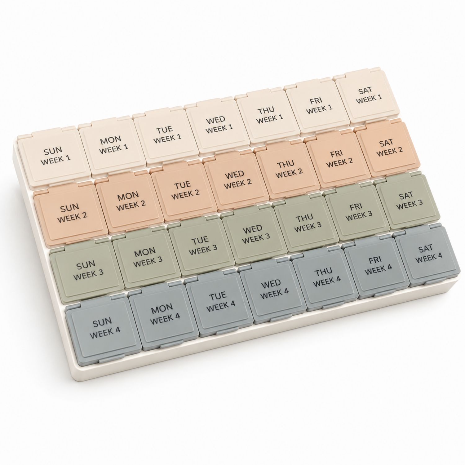 Wöchentliche Tablettenbox 28 Fächer in Beige, Rosa, Grün, Grau