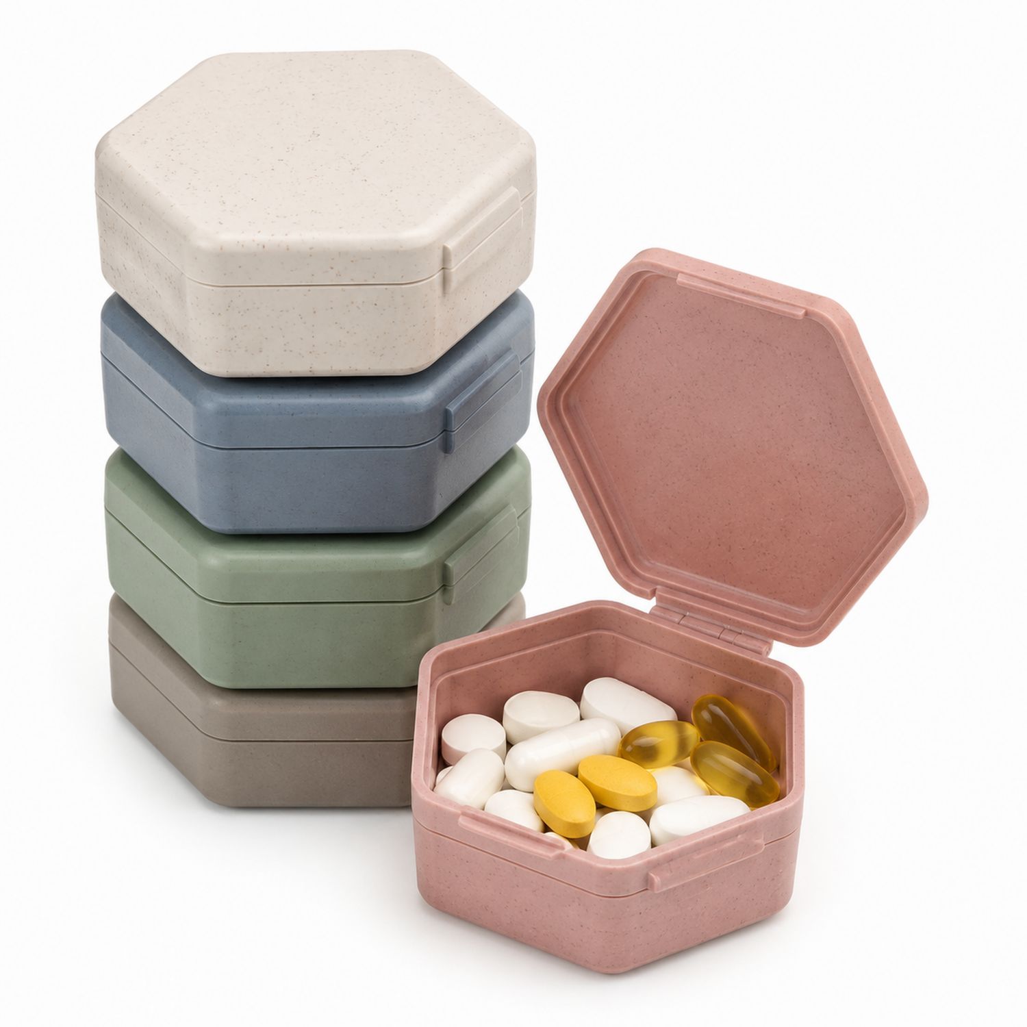 Sechseckige Pillendose Reisegröße in Beige, Blau, Grün, Braun und Rosa