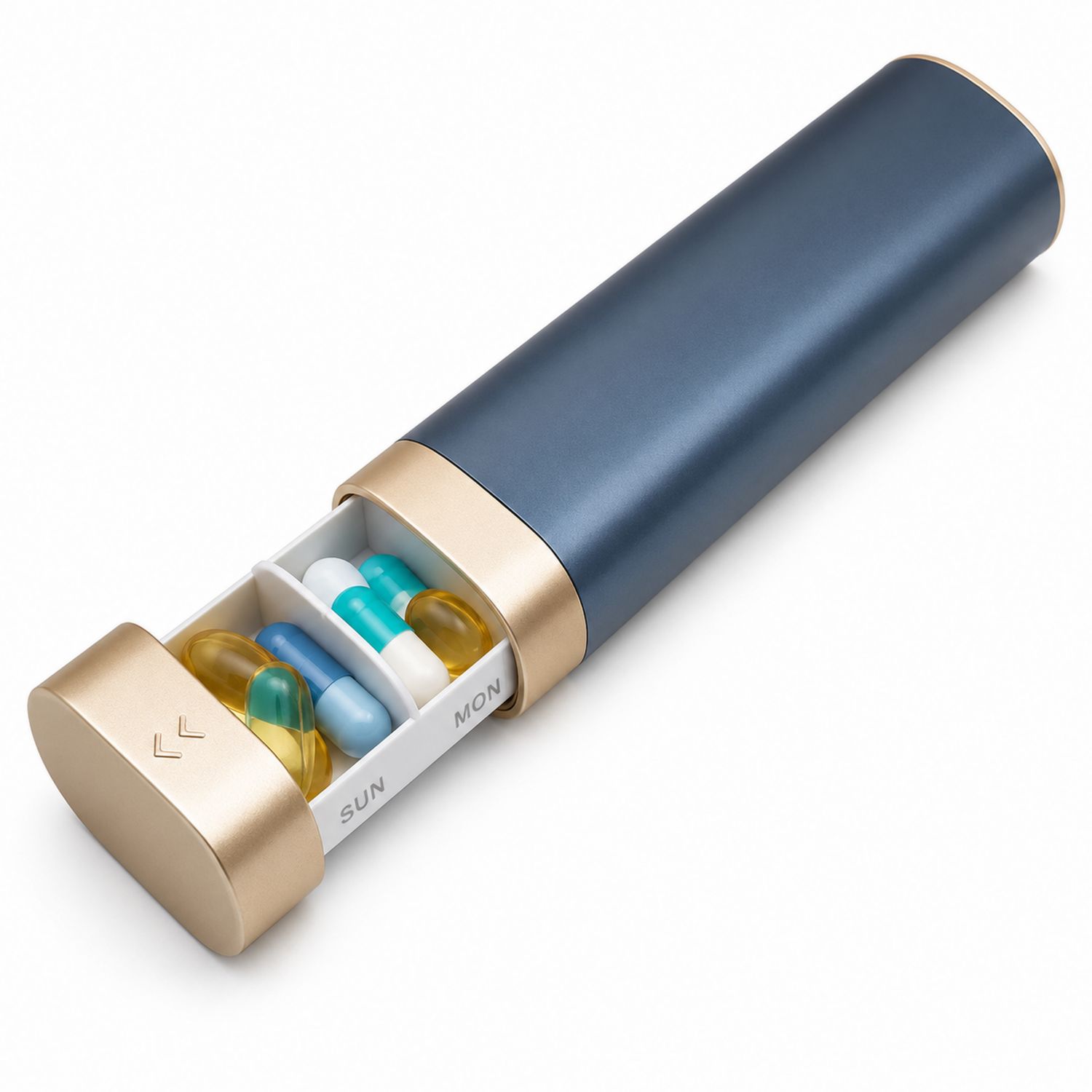 Tragbare Wöchentliche Tablettenbox Blau/Gold