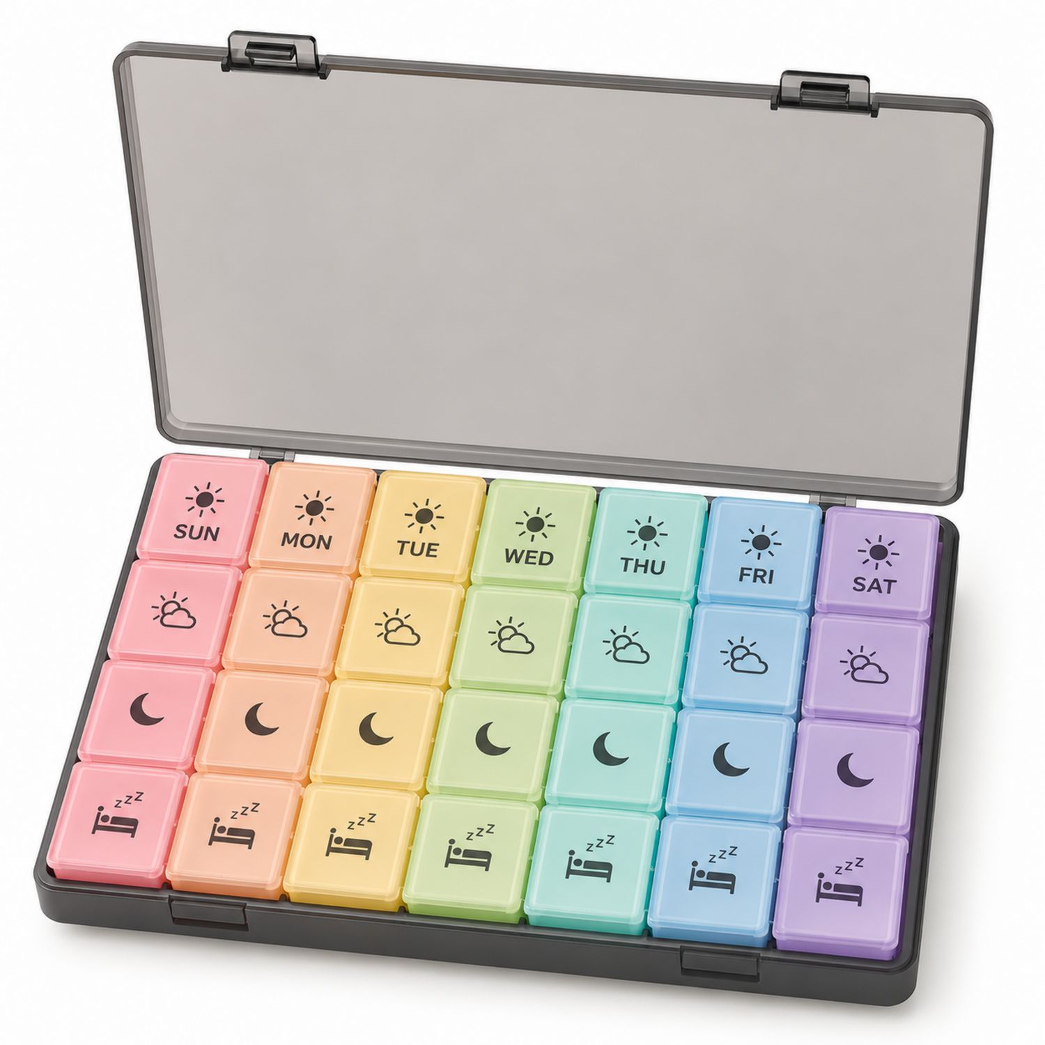 Wöchentlicher Pillenorganizer mit 28 Fächern, Regenbogenfarben