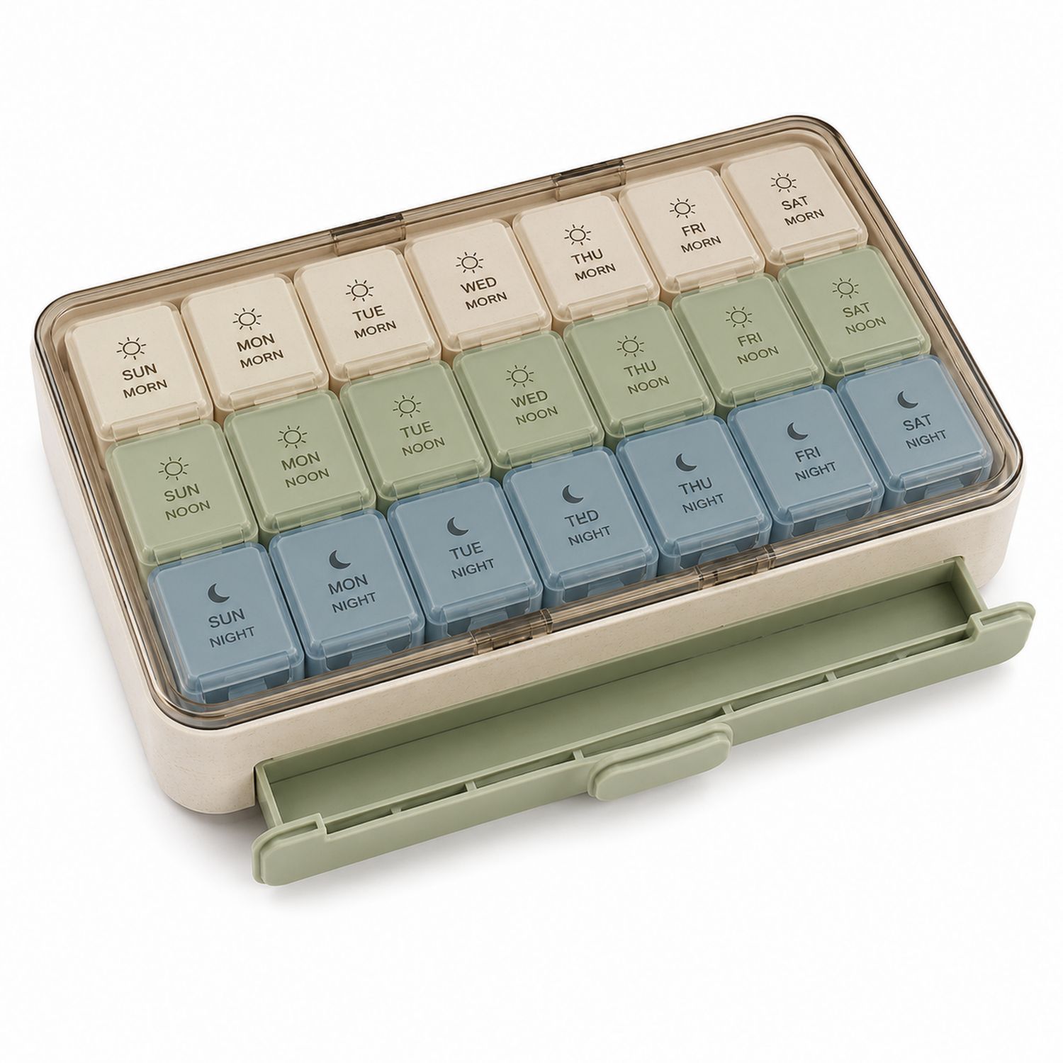 Wöchentlicher Pillenorganizer mit 21 Fächern in Beige/Grün/Blau