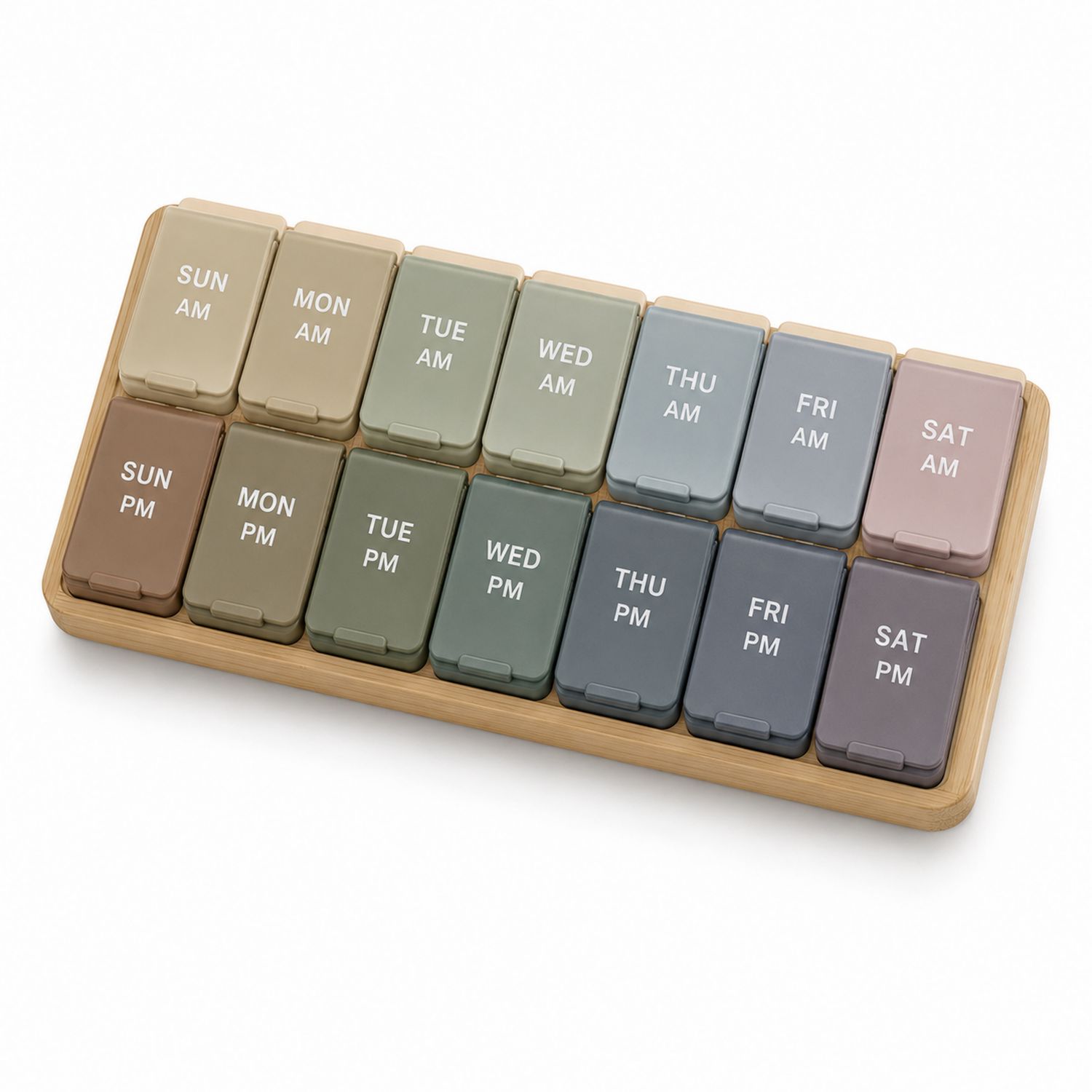 Wöchentliche Pillenbox mit Holztablett, 14 Fächer, Braun/Beige/Grün/Grau