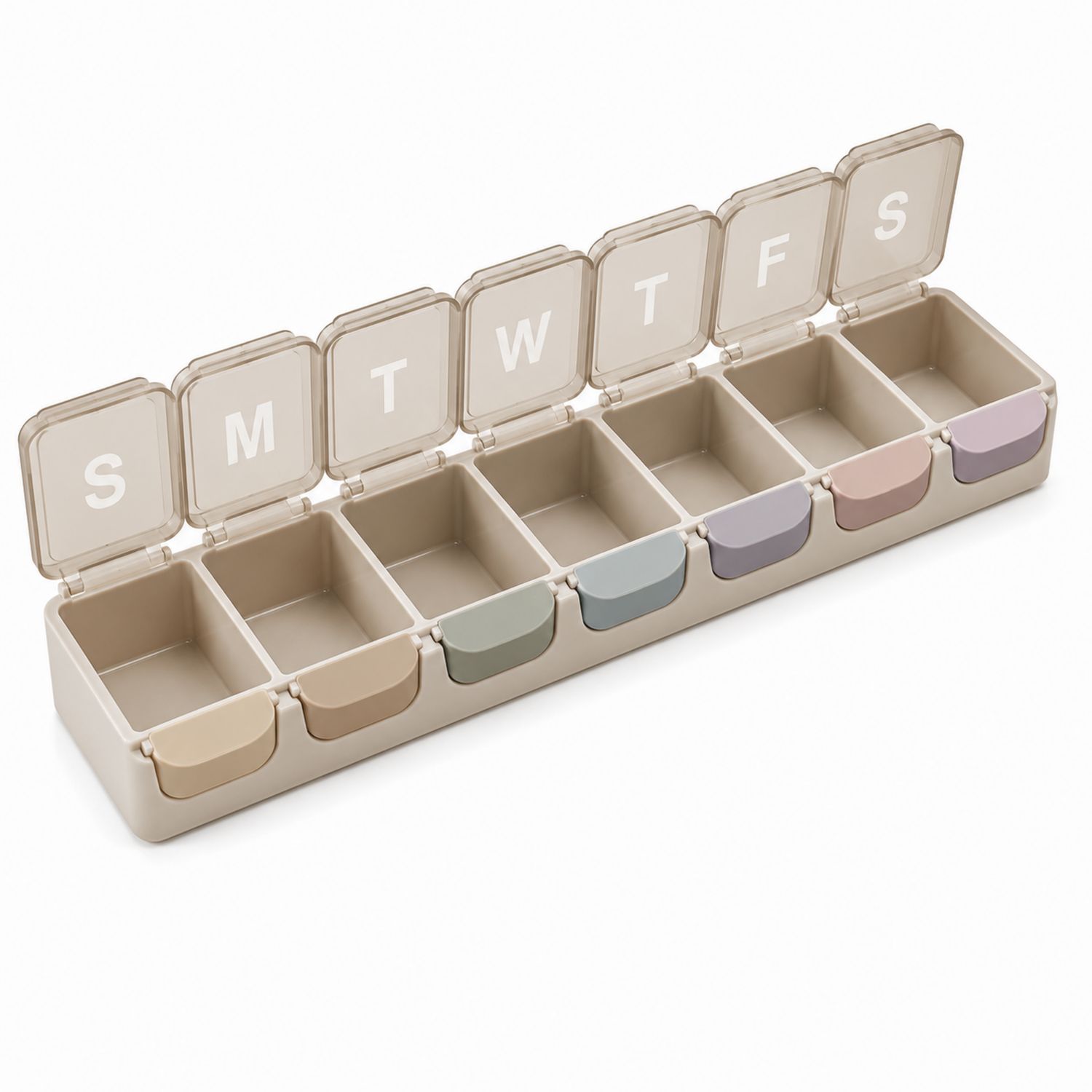 Wöchentliche Tablettenbox mit 7 Fächern und Pastellfarben