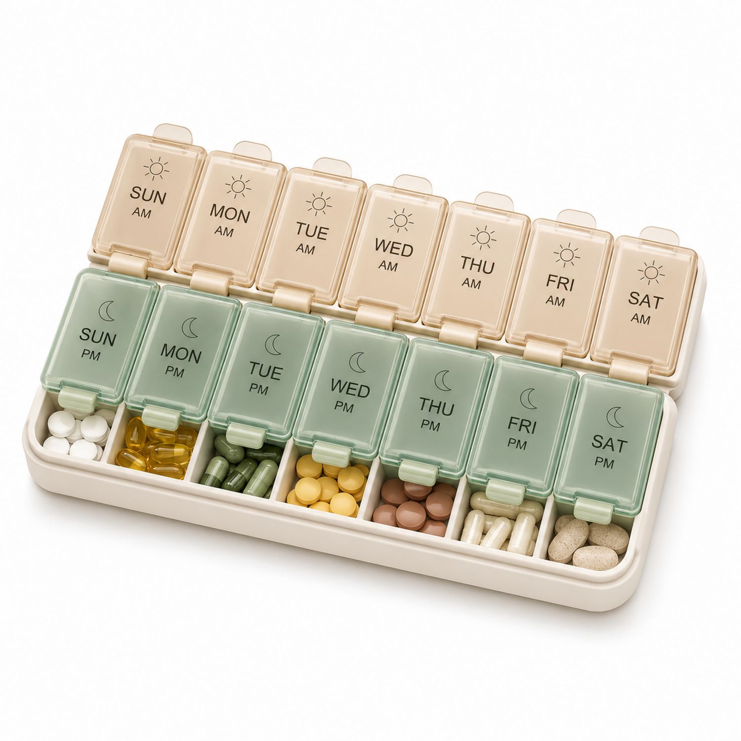 Wöchentlicher Tabletten-Organizer mit 14 Fächern Beige/Grün
