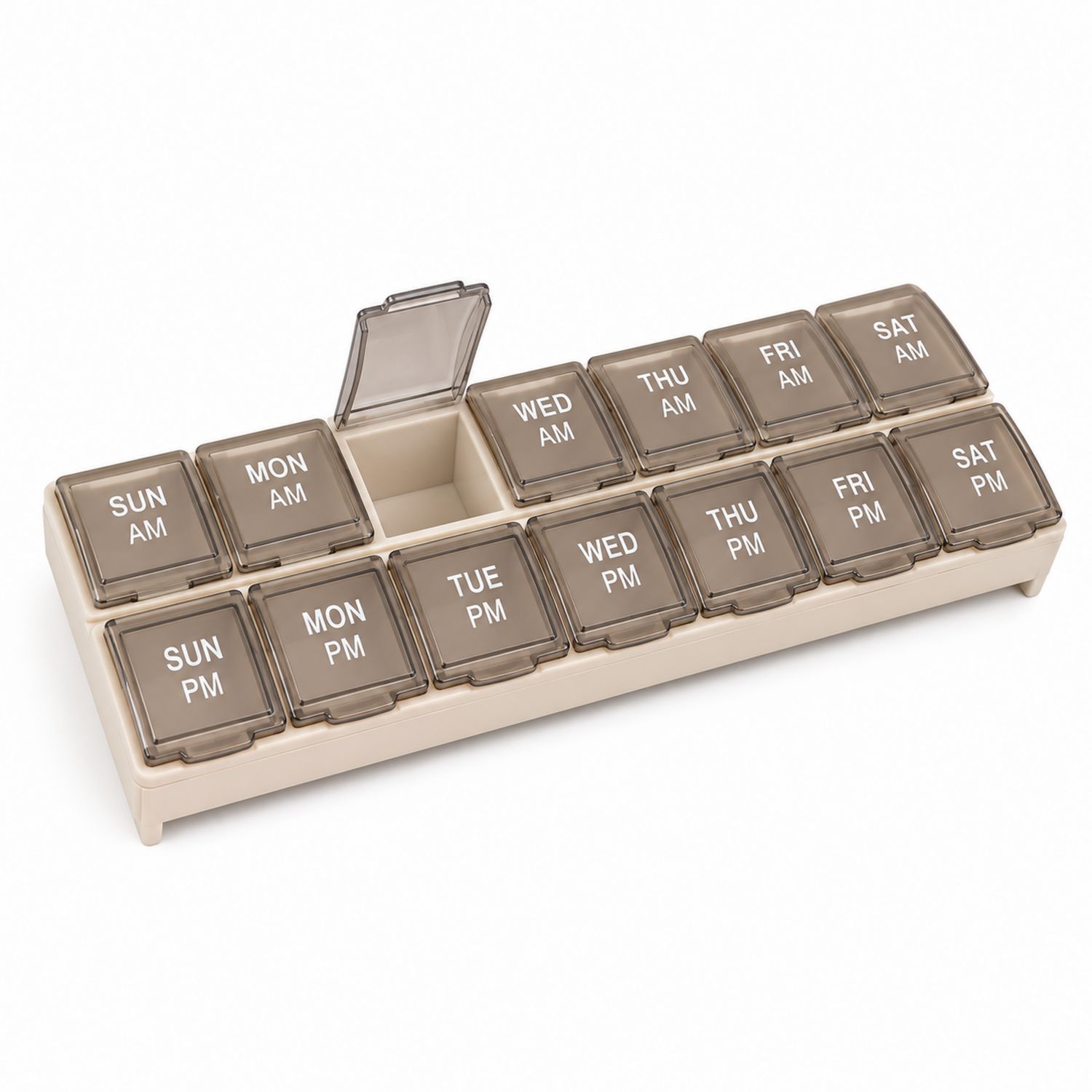 Wöchentlicher Tablettenbox-Organisator mit AM/PM-Fächern Beige/Braun