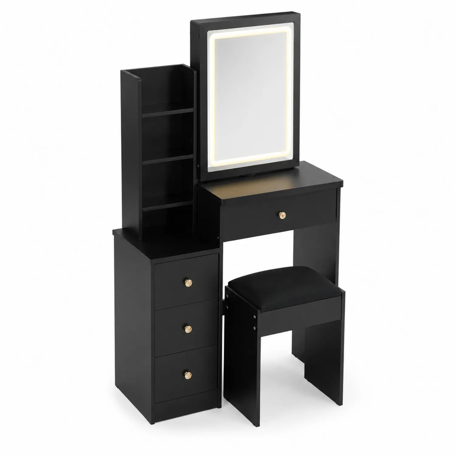 Czarna toaletka z lustrem LED i taboretem z MDF