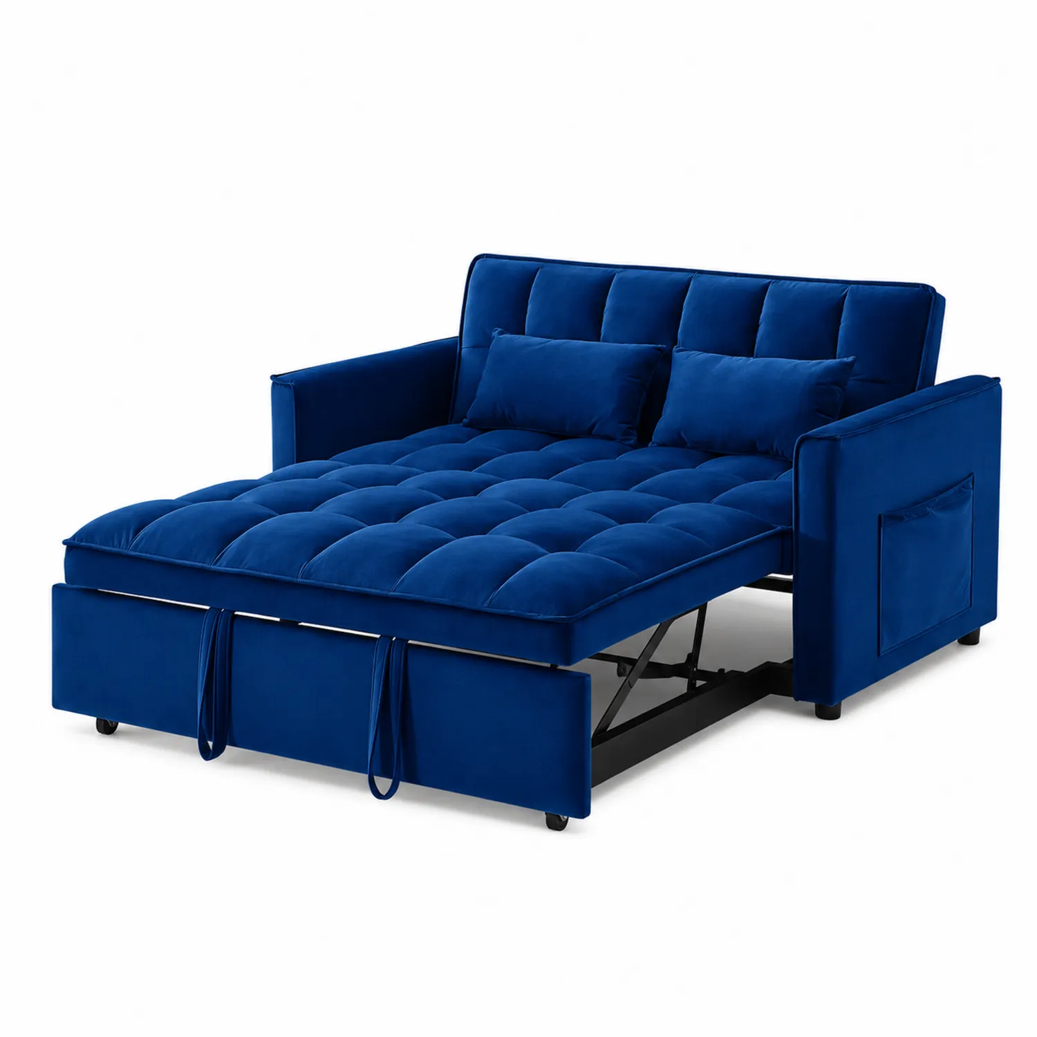 Niebieska aksamitna rozkładana sofa z poduszkami