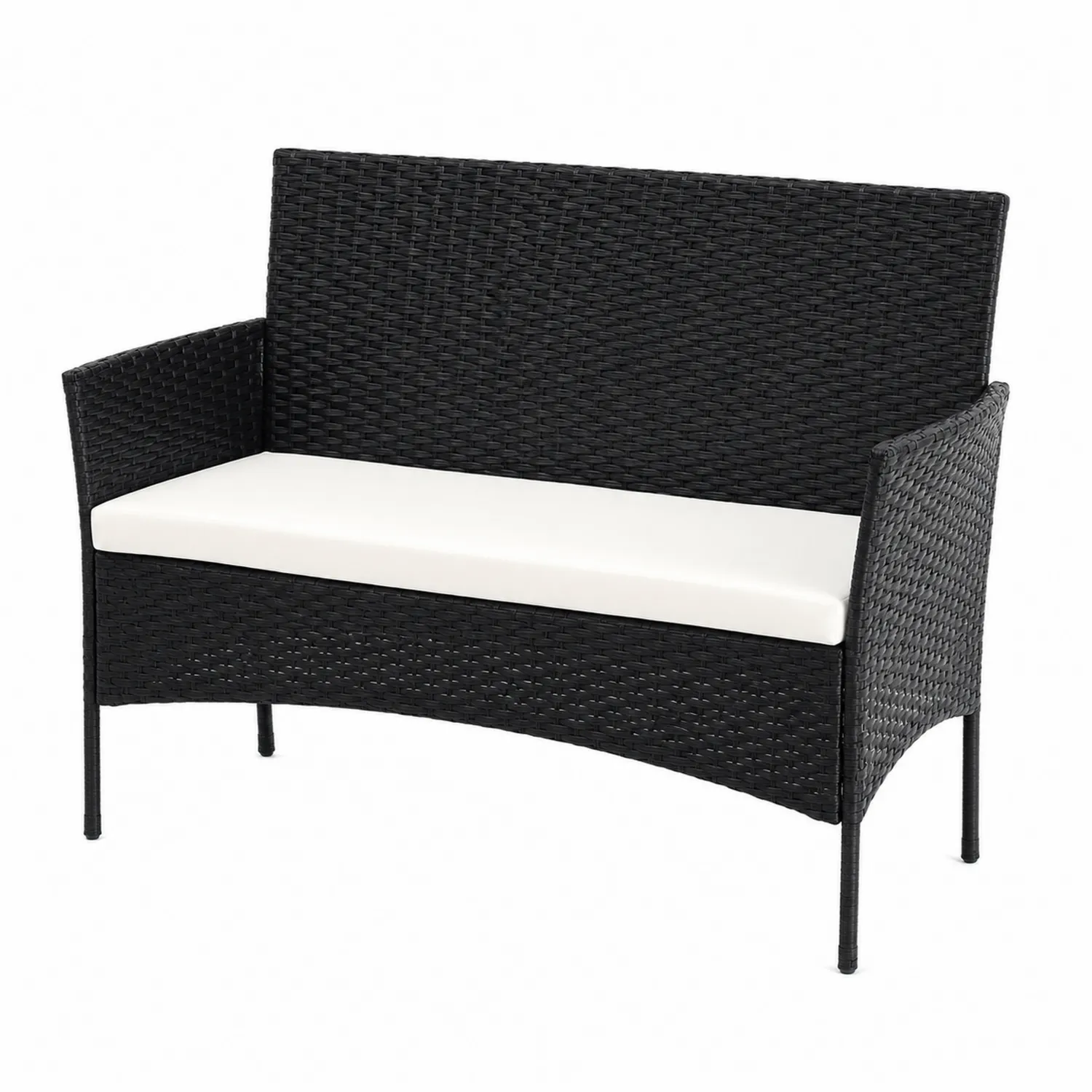 Ławka ogrodowa z technorattanu czarna z białą poduszką 120 cm