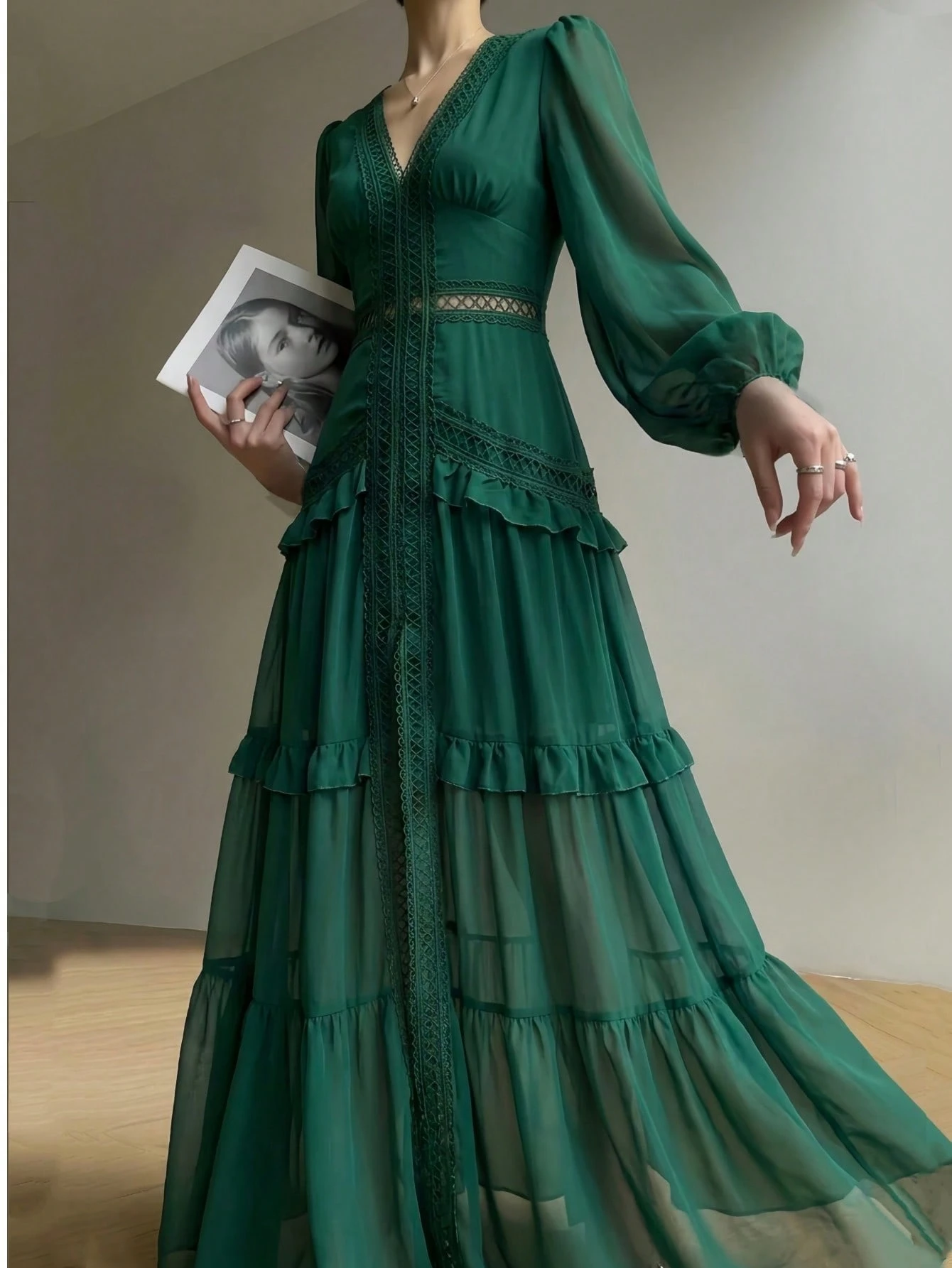 Spring Green Ruffle Hem Patchwork Dress