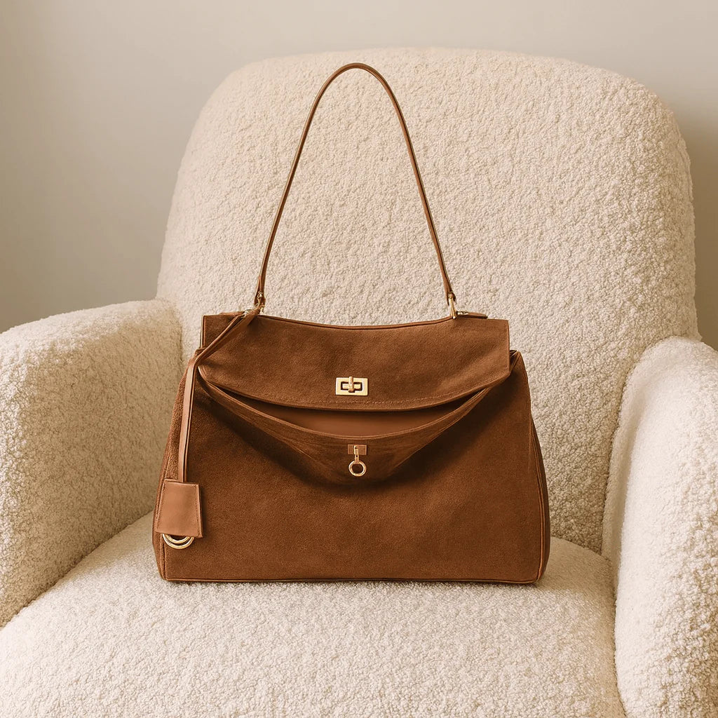 Faux Suede Tote Bag – Chocolate Brown Large Shoulder Work Bag