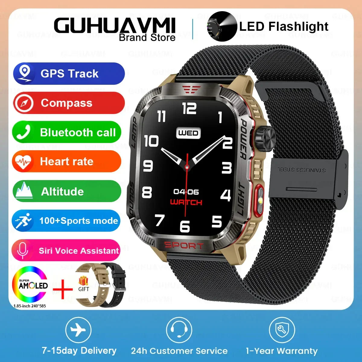  Endurance - Smart Watch Men 1.96 inch GPS Compass IP68 Bluetooth call Outdoor Sports Fitness Tracker Smartwatch