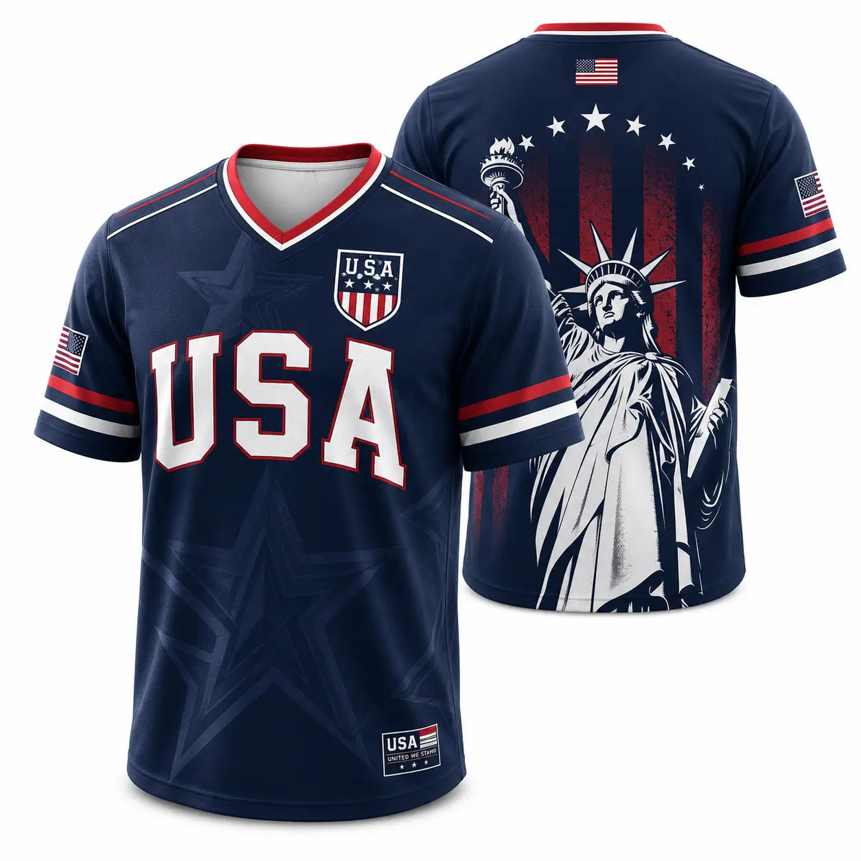 USA Patriotic Soccer Jersey Shirt Men Women – American Flag, Statue of Liberty Graphic V Neck Sports Tee