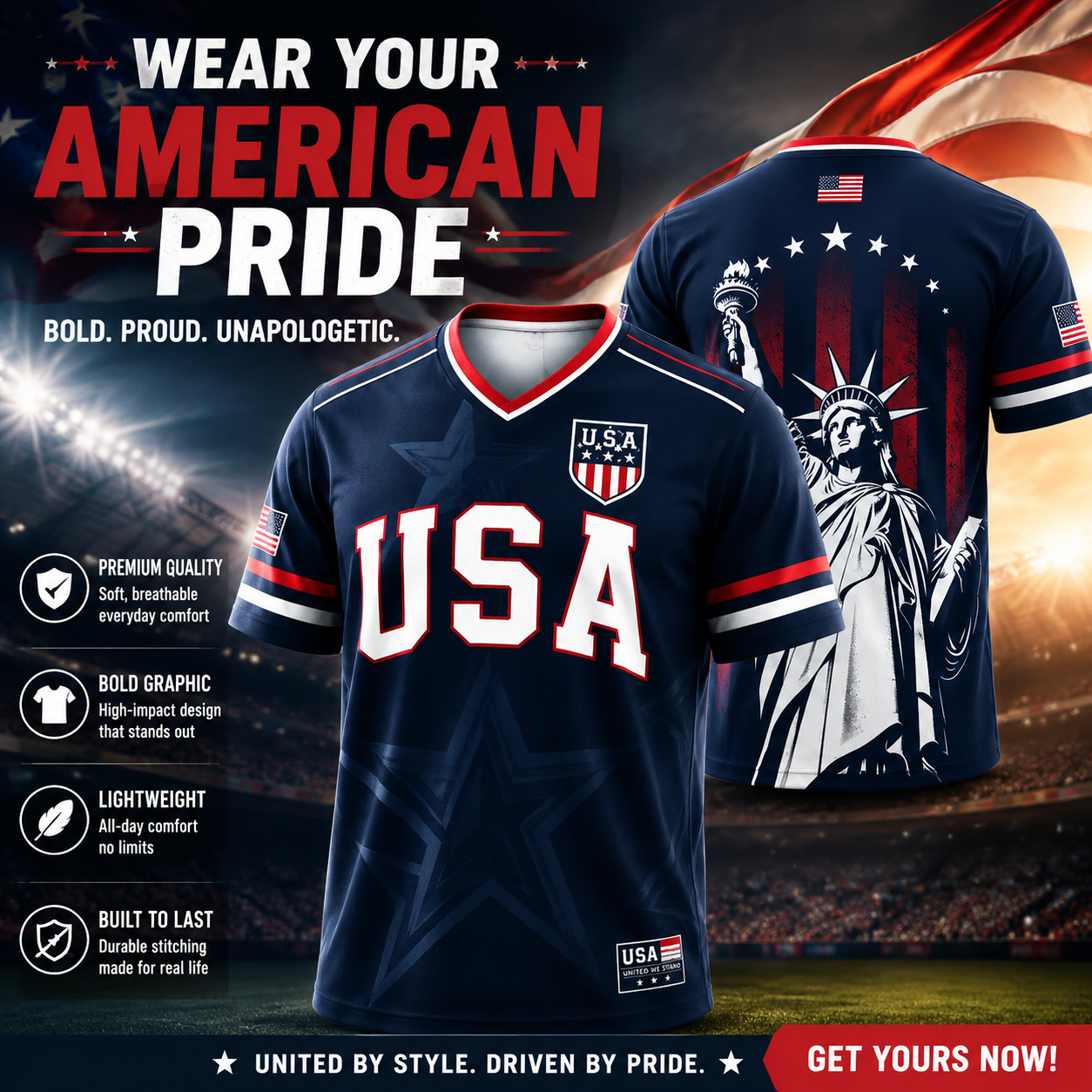 USA Patriotic Soccer Jersey Shirt Men Women – American Flag, Statue of Liberty Graphic V Neck Sports Tee