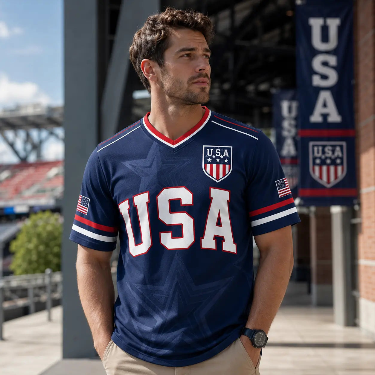 USA Patriotic Soccer Jersey Shirt Men Women – American Flag, Statue of Liberty Graphic V Neck Sports Tee