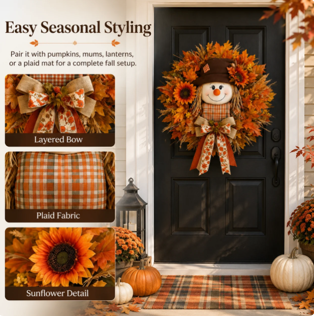 🔥🍁 Fall Favorite – Lighted Scarecrow Front Door Wreath
