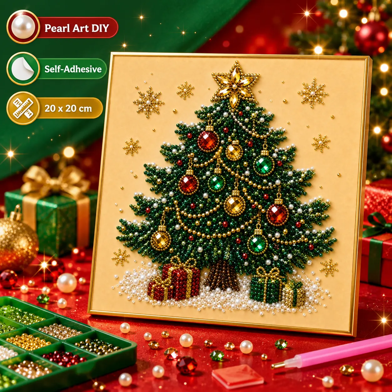 Framed Christmas Tree - Pearls Painting Kit DIY Diamond Painting Pearl Dot Crafts 20x20CM1