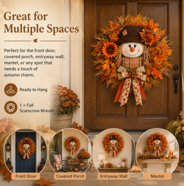🔥🍁 Fall Favorite – Lighted Scarecrow Front Door Wreath