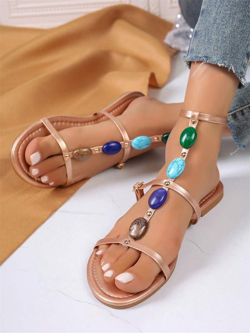 2026 Summer Women’s Boho Gemstone Flip-Flop Sandals – Beach Roman Style Flat Shoes | Buy 2 & Free Shipping