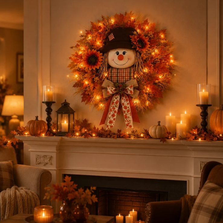 🔥🍁 Fall Favorite – Lighted Scarecrow Front Door Wreath