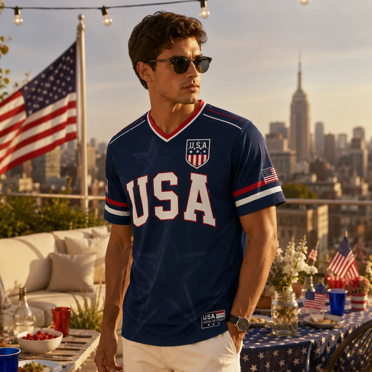 USA Patriotic Soccer Jersey Shirt Men Women – American Flag, Statue of Liberty Graphic V Neck Sports Tee
