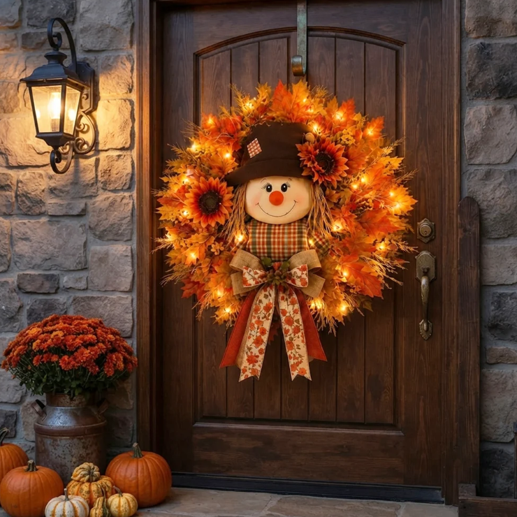 🔥🍁 Fall Favorite – Lighted Scarecrow Front Door Wreath