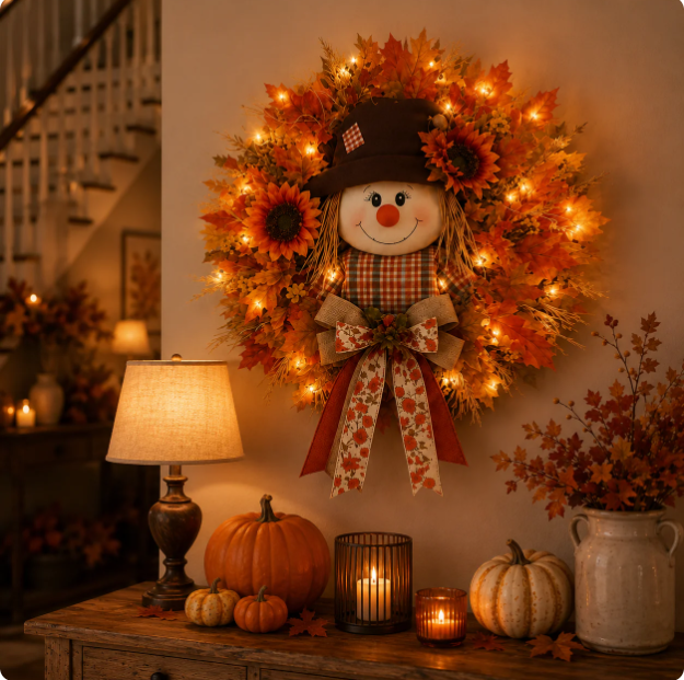 🔥🍁 Fall Favorite – Lighted Scarecrow Front Door Wreath