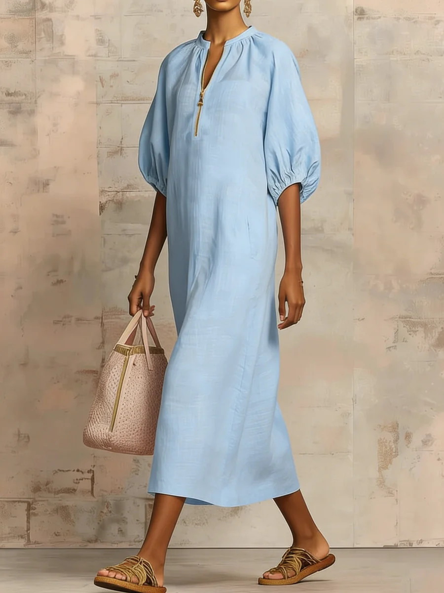 Solid color cotton and linen loose casual dress