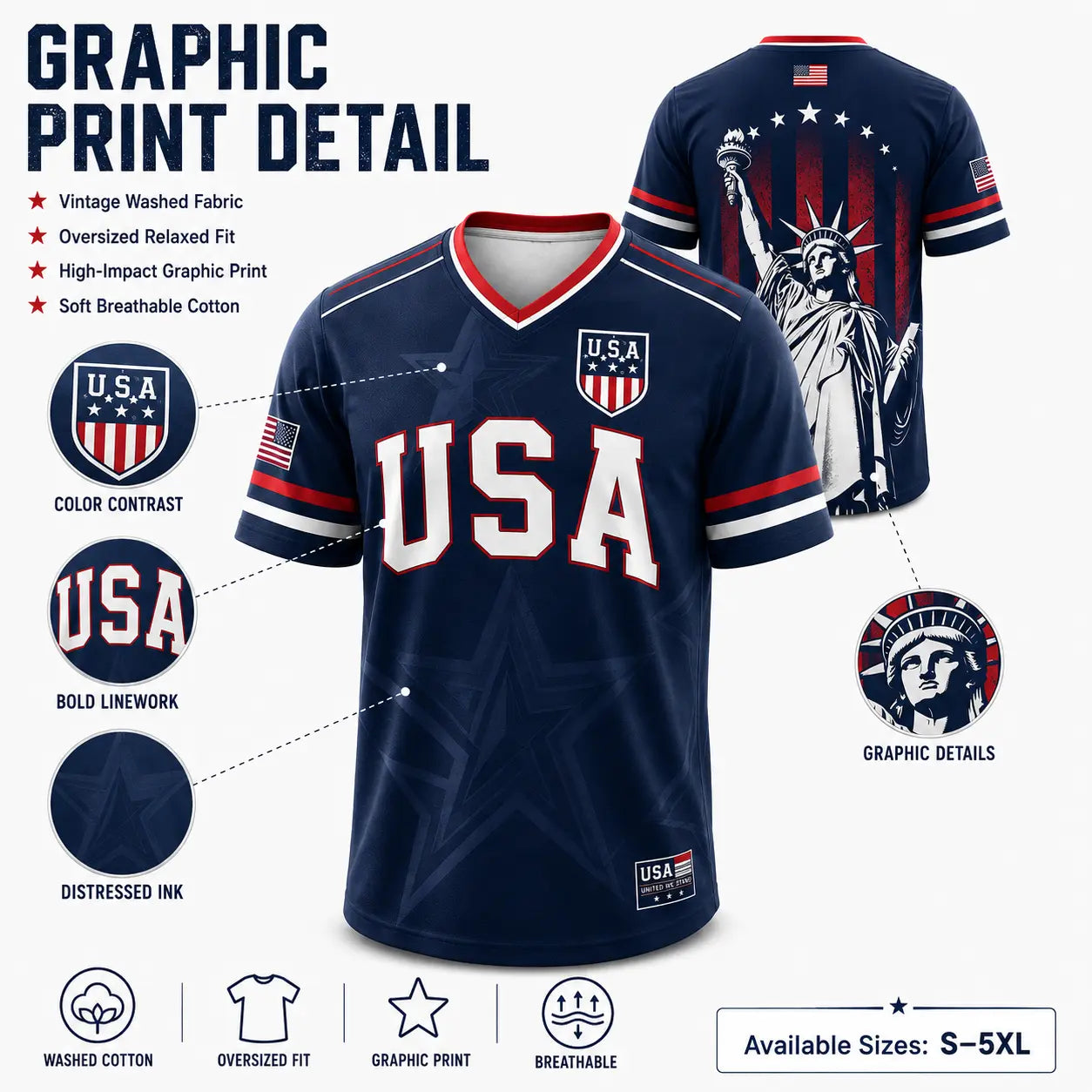 USA Patriotic Soccer Jersey Shirt Men Women – American Flag, Statue of Liberty Graphic V Neck Sports Tee