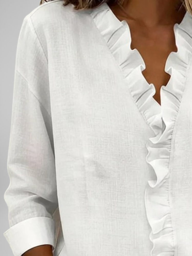 Camisa informal Blouse with Ruffles, V-Neck and Long Sleeves