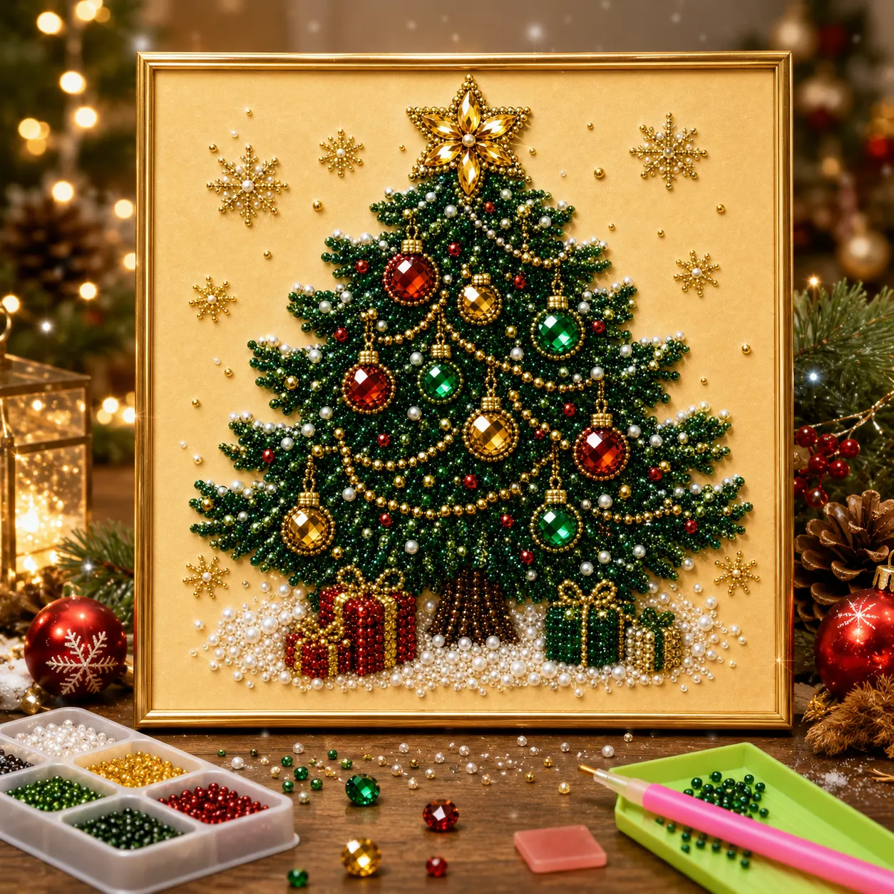 Framed Christmas Tree - Pearls Painting Kit DIY Diamond Painting Pearl Dot Crafts 20x20CM1