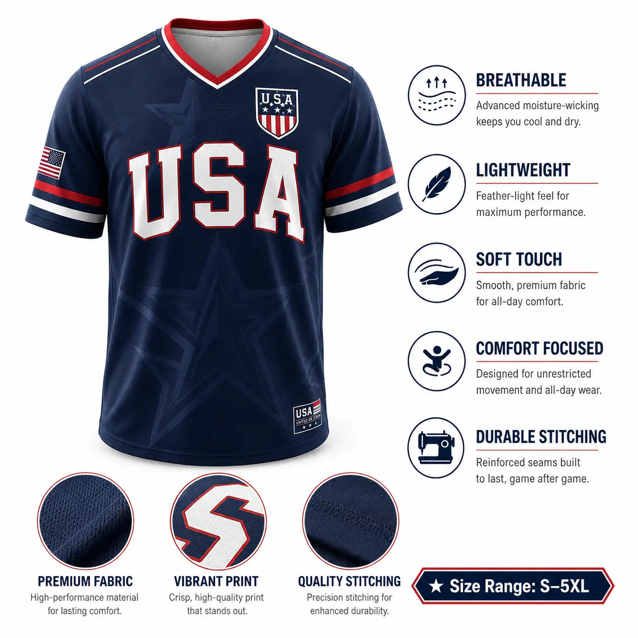 USA Patriotic Soccer Jersey Shirt Men Women – American Flag, Statue of Liberty Graphic V Neck Sports Tee