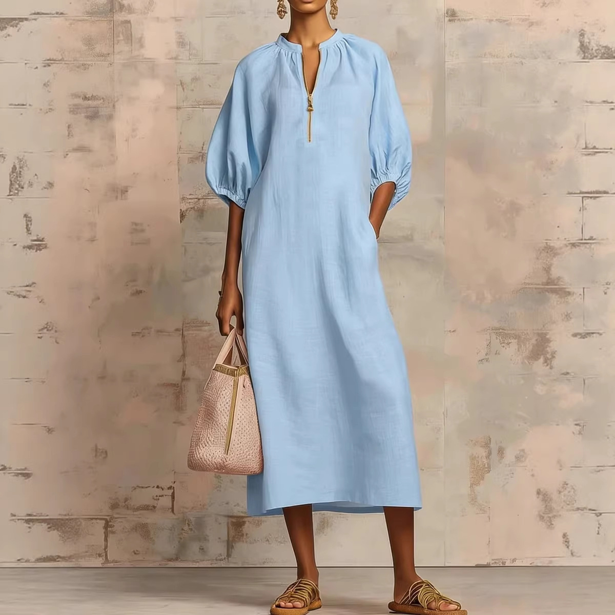 Solid color cotton and linen loose casual dress