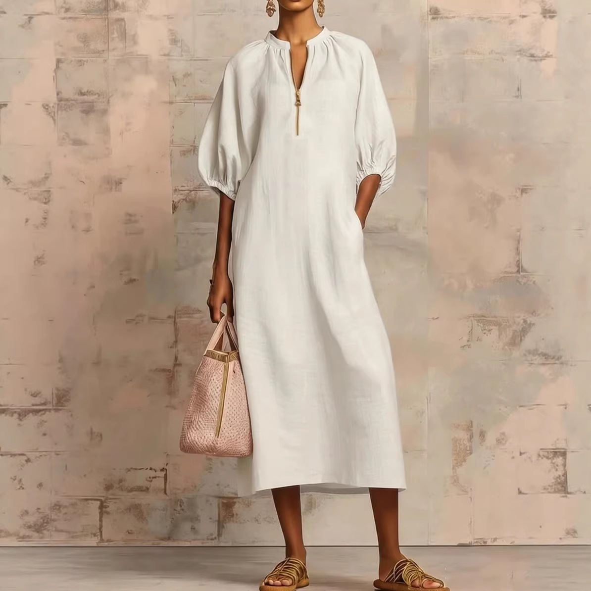 Solid color cotton and linen loose casual dress