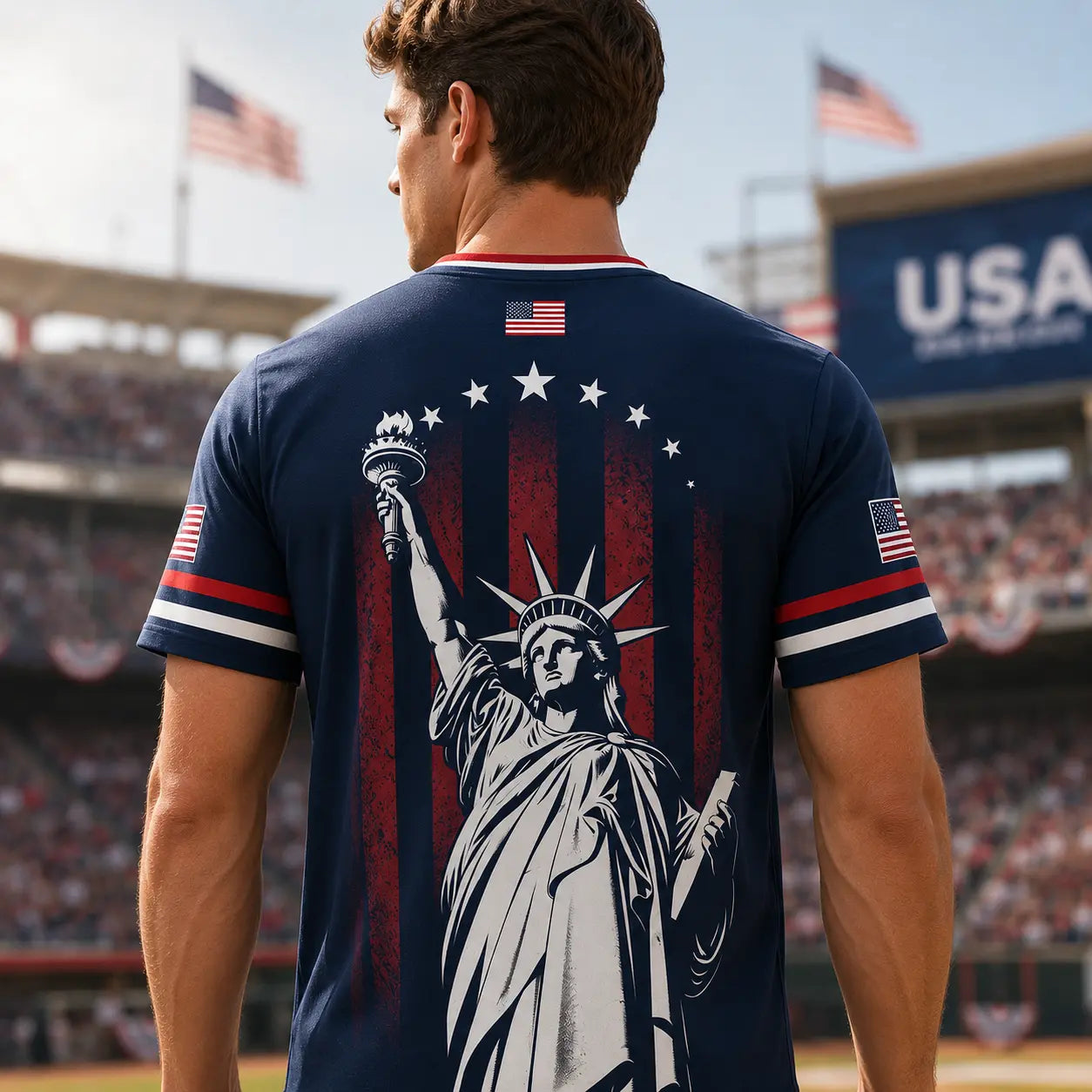 USA Patriotic Soccer Jersey Shirt Men Women – American Flag, Statue of Liberty Graphic V Neck Sports Tee