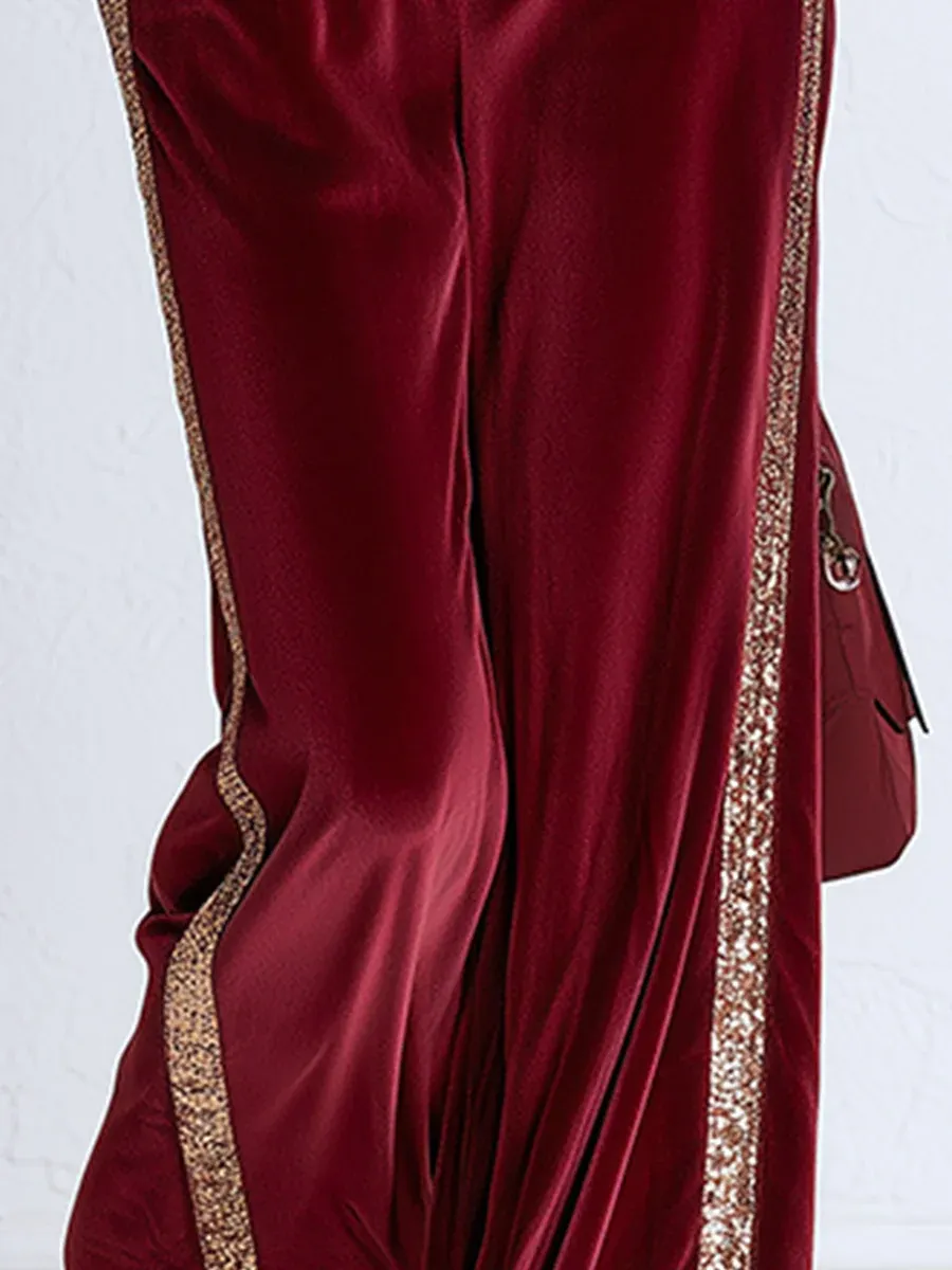 Women's Burgundy Velvet Two-Piece Set – Elegant Sequin Trim V-Neck Long Sleeve Top & Wide Leg Pants Outfit for Holiday Parties and Evening Wear