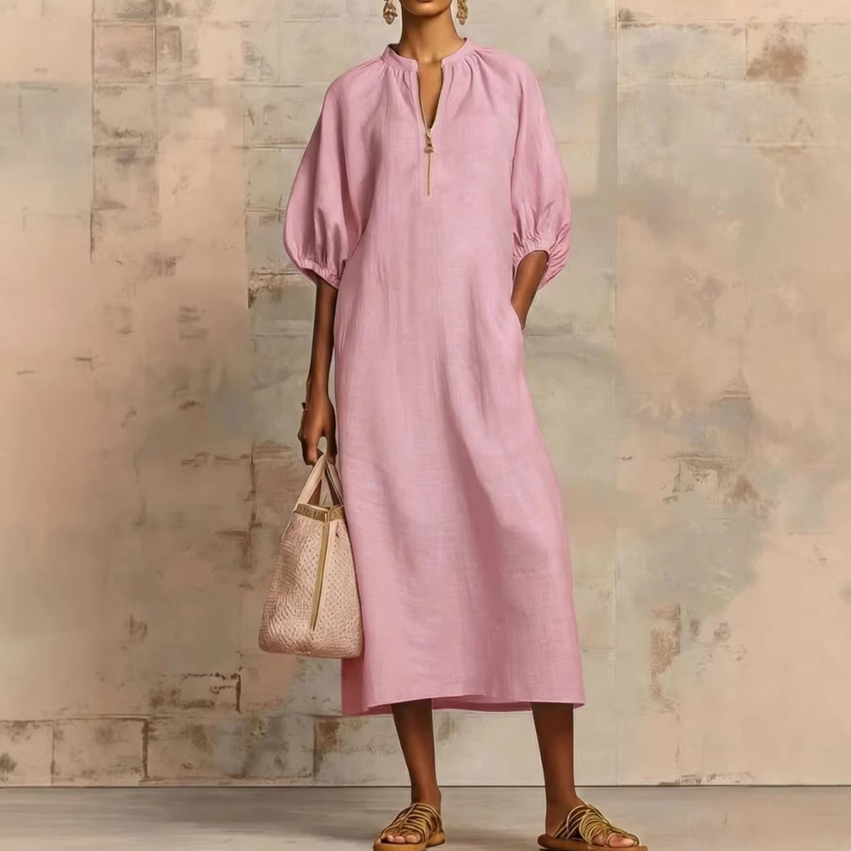 Solid color cotton and linen loose casual dress