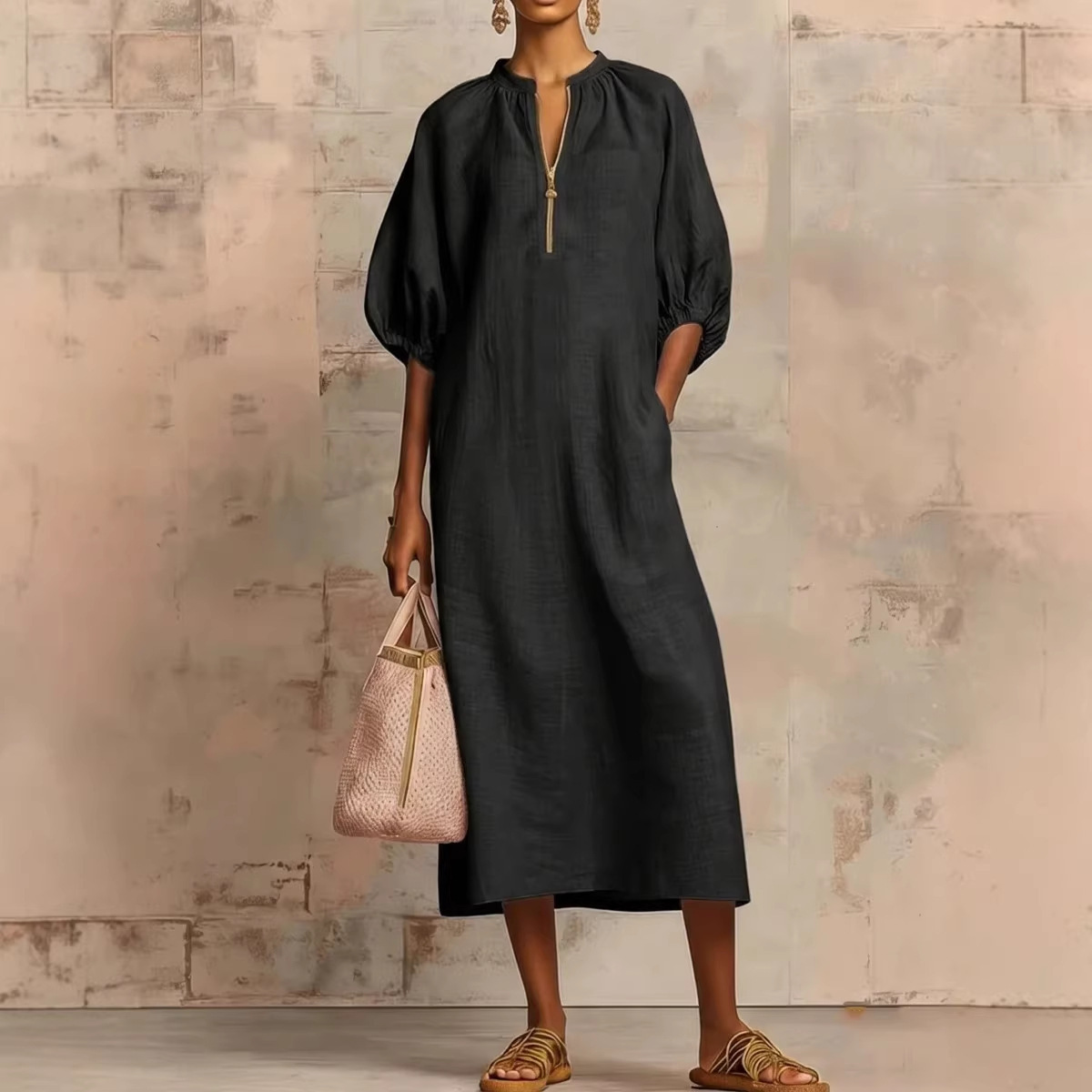 Solid color cotton and linen loose casual dress
