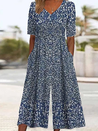 Special Short Sleeve Blue Side Pocket Jumpsuit