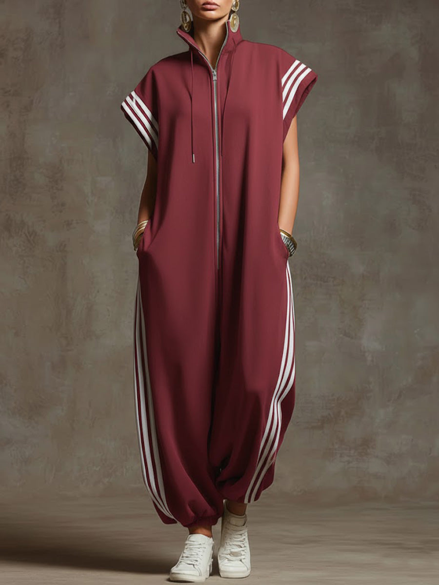 New Arrivals🔥Women's Relaxed Stand-collar Short-sleeved Casual Loose Cotton Wide-leg Jumpsuit