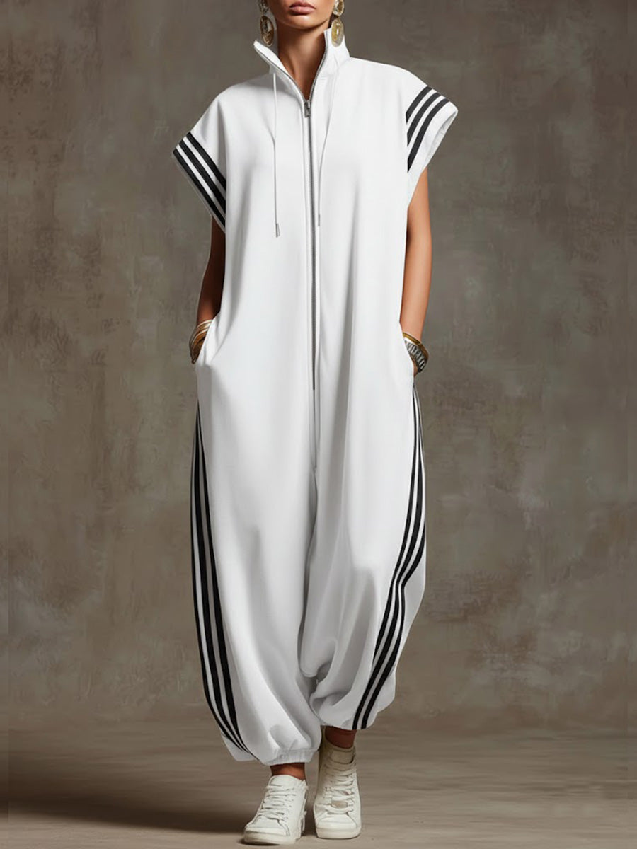 New Arrivals🔥Women's Relaxed Stand-collar Short-sleeved Casual Loose Cotton Wide-leg Jumpsuit
