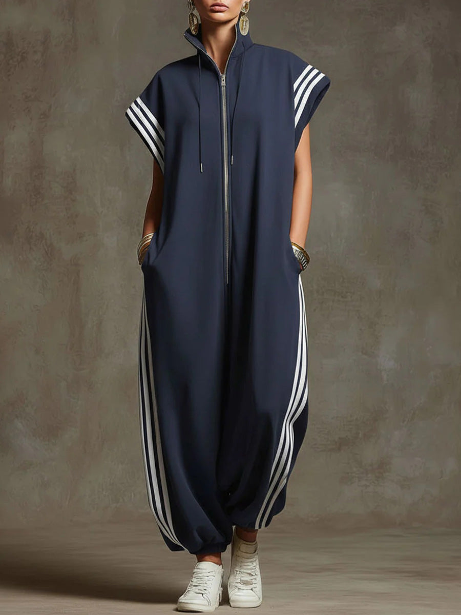 New Arrivals🔥Women's Relaxed Stand-collar Short-sleeved Casual Loose Cotton Wide-leg Jumpsuit