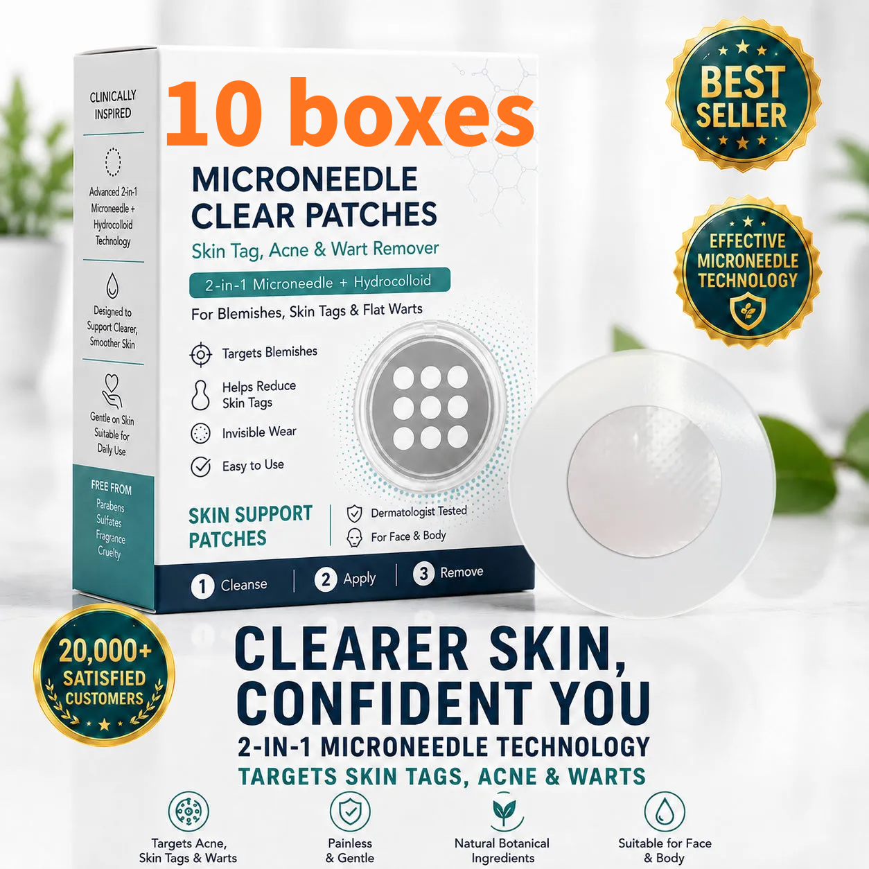 2-in-1 Microneedle & Hydrocolloid Patch🍀| Removes Raised Moles, Acne, Flat Warts & Skin Tags | Helps Improve Wrinkles, Scars & Blemishes | Invisible Patches for Face & Body