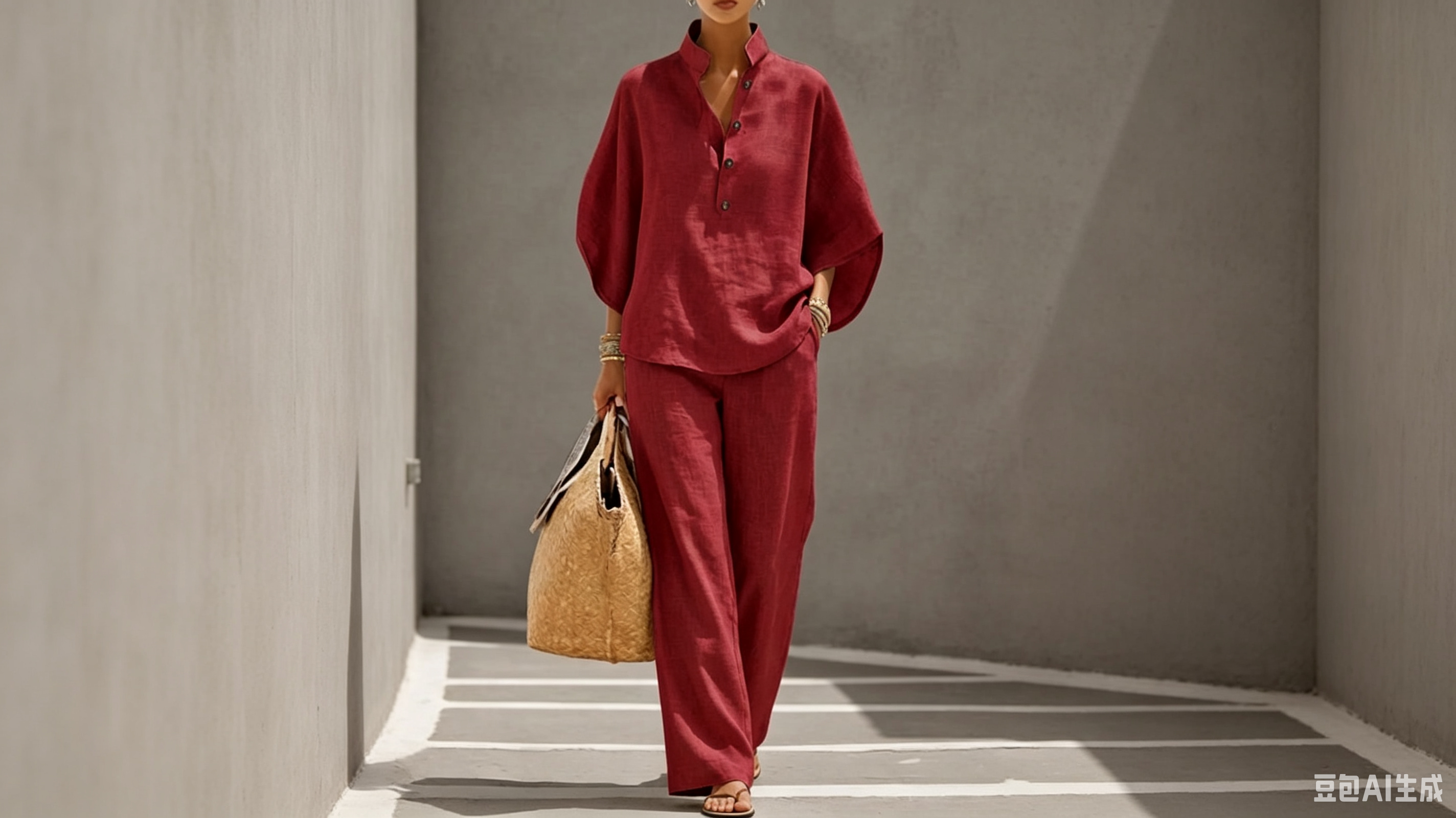 Casual Batwing Sleeve Linen And Cotton Shirt And Trousers Two-piece Set