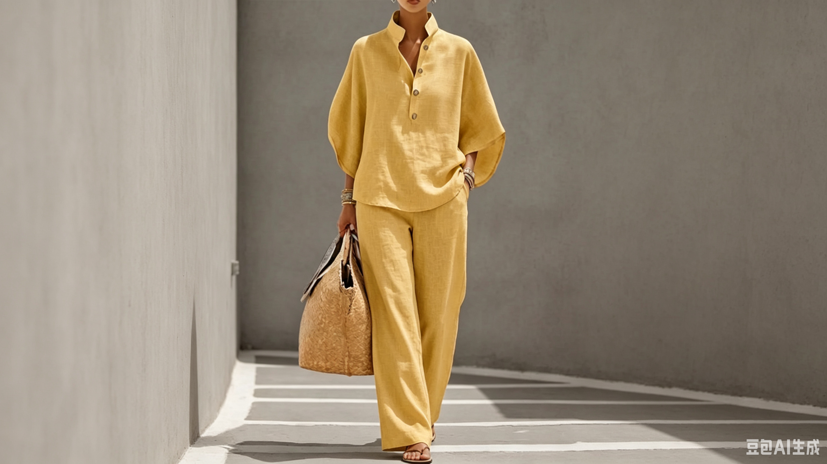 Casual Batwing Sleeve Linen And Cotton Shirt And Trousers Two-piece Set