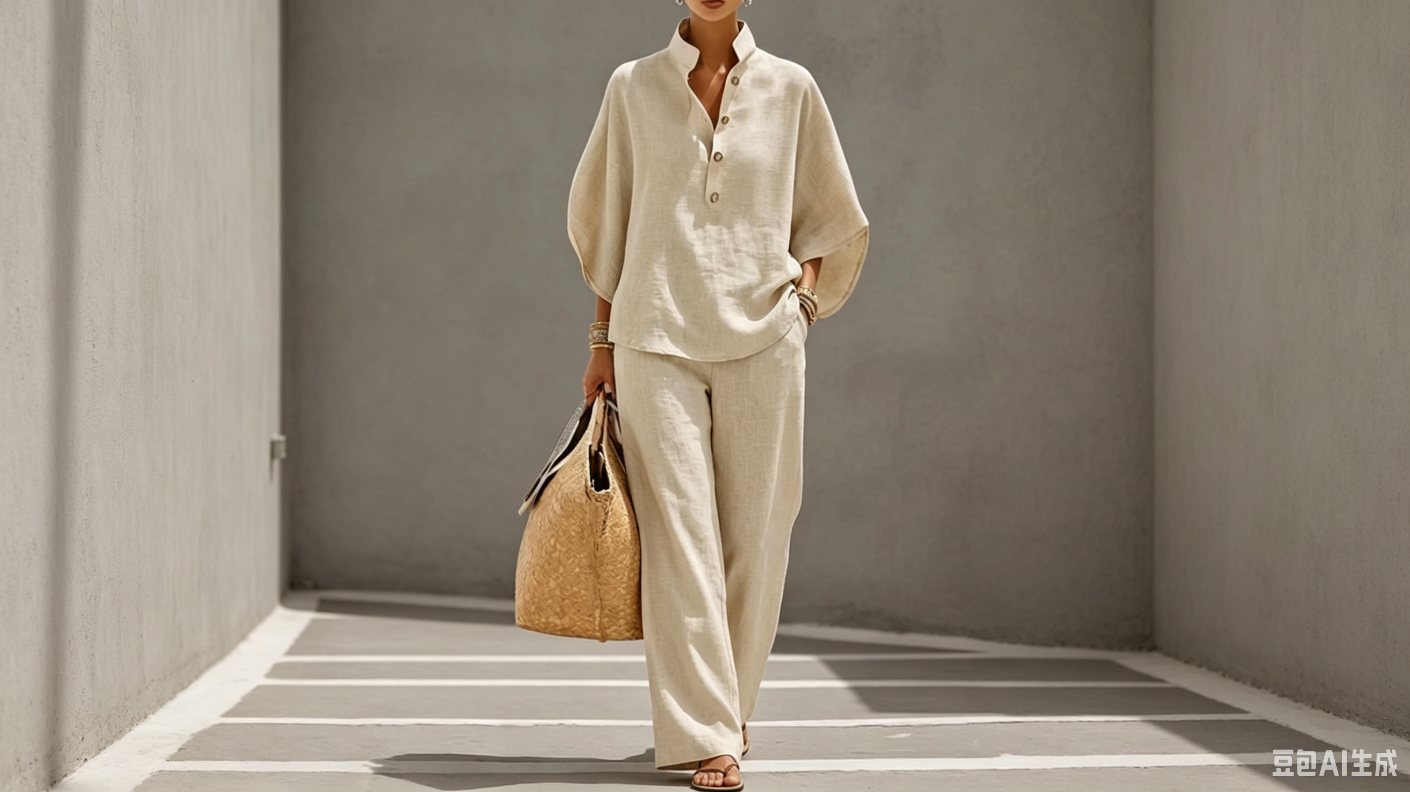 Casual Batwing Sleeve Linen And Cotton Shirt And Trousers Two-piece Set