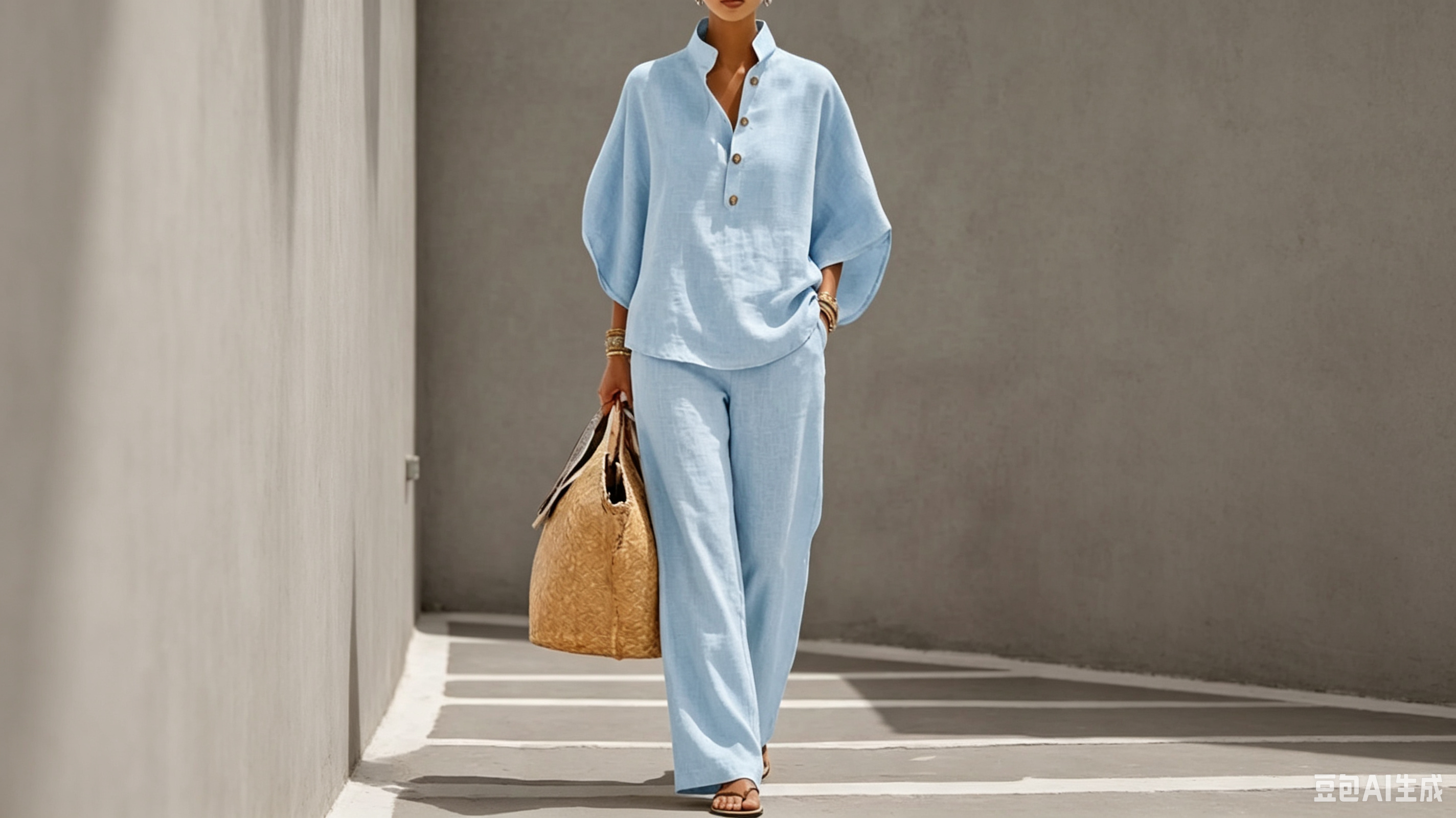Casual Batwing Sleeve Linen And Cotton Shirt And Trousers Two-piece Set