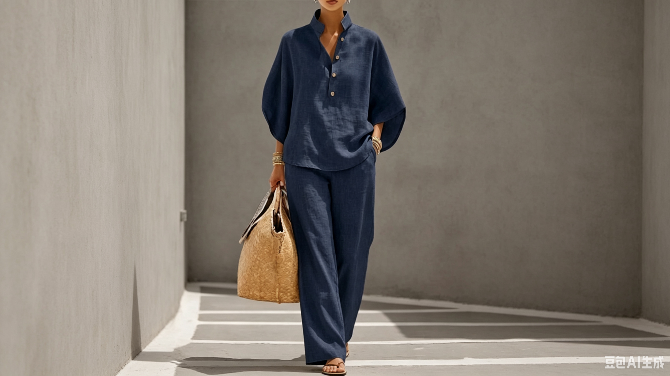 Casual Batwing Sleeve Linen And Cotton Shirt And Trousers Two-piece Set